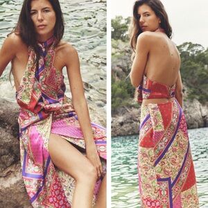 NWT Zara Paisley Patchwork Print Satin Halter Neck Cutout Midi Dress - S